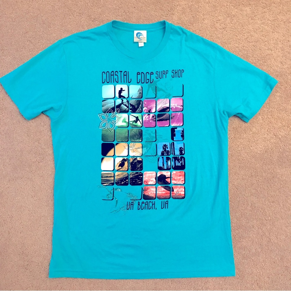 Virginia Beach Graphic T Shirt Men Large Aqua Blue Coastal Edge Surf Shop Cotton